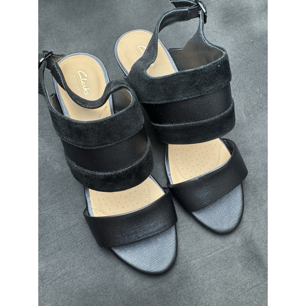 Clarks Laureti Joy Heeled Sandals Womens 7.5 M Black Leather Suede